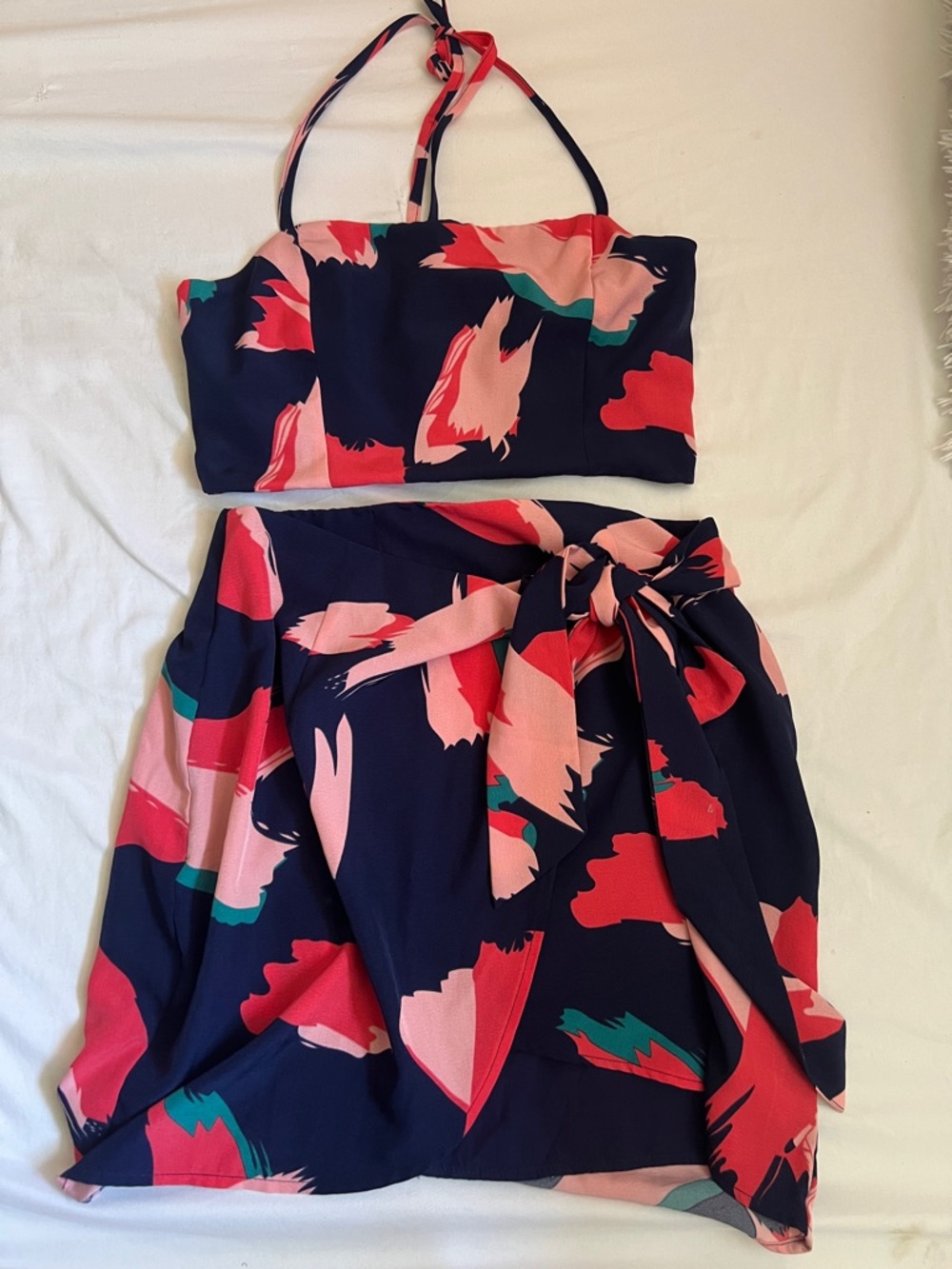Lulu's Navy Crop Top & Skirt Set with Pink Coral Floral Print